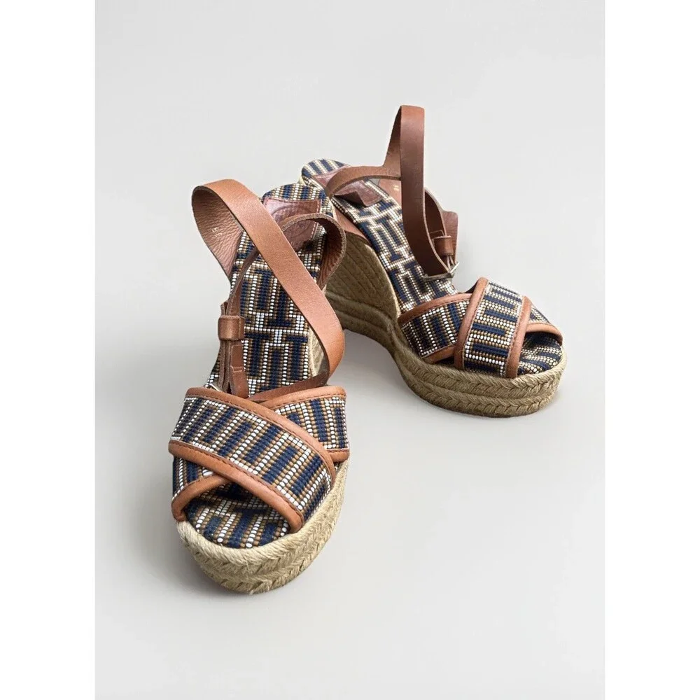 Tory Burch Gemini Link Espadrille Wedge Sandals Leather Spain Women’s 8